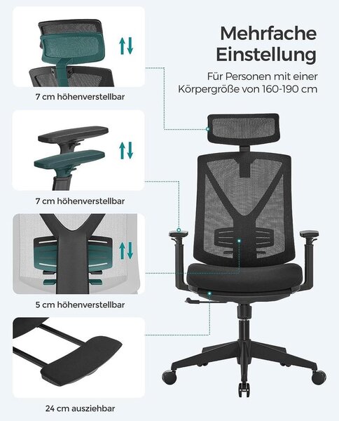Ergonomikus irodai szék lábtartóval, maximális terhelés 150 kg, fekete