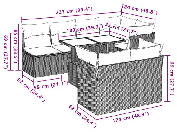 VidaXL 8 db barna polyrattan kerti kanapégarnitúra párnákkal