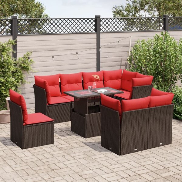 VidaXL 9 db barna polyrattan kerti kanapégarnitúra párnákkal