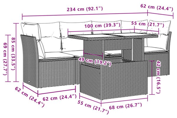 VidaXL 5 db barna polyrattan kerti kanapégarnitúra párnákkal