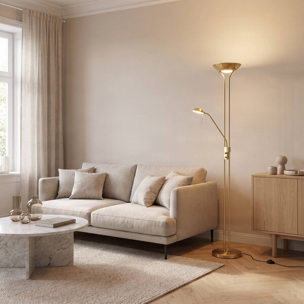 Lindby LED állólámpa Josefin, sárgaréz, olvasólámpa, dimmelhető, dimmelhető, Sárgaréz / arany, Nappali / Étkező, fém, Modern