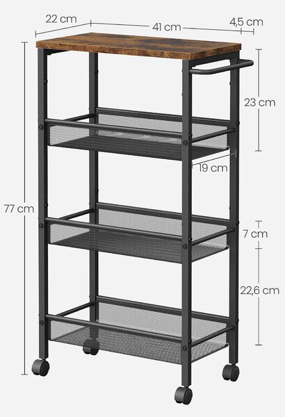 4 szintes gurulós tárolókocsi, rusztikus barna/fekete