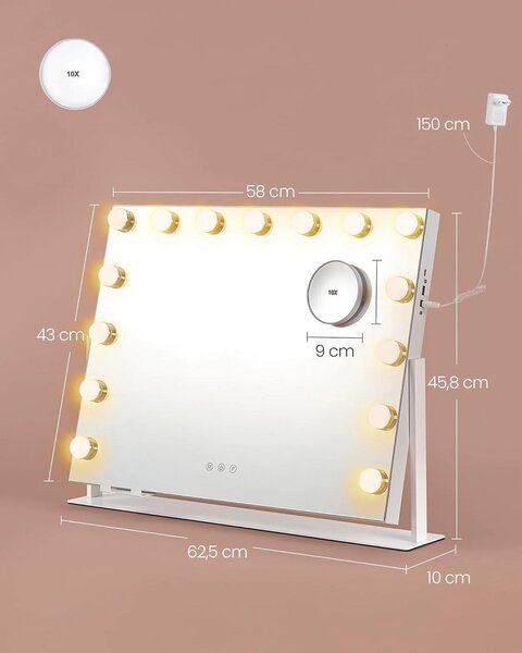 Sminktükör LED világítással 58 × 43 cm – 15 LED izzóval, fehér