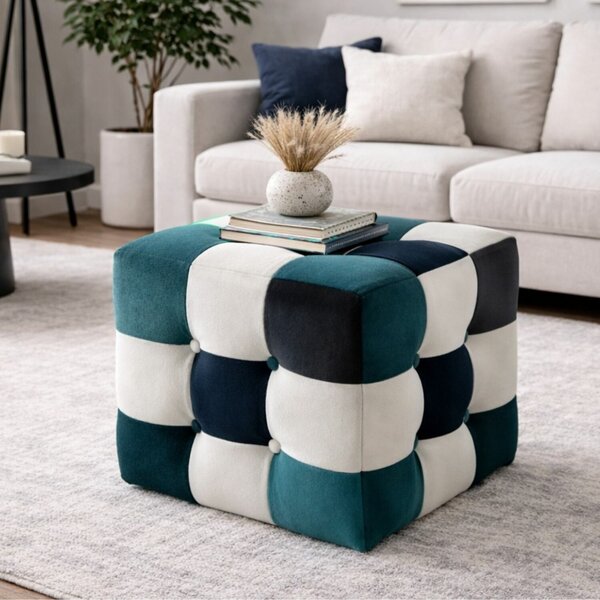 Atelier Del Sofa Puff Fehér Sötétkék Türkiz Patchwork - Fehér, Sötétkék