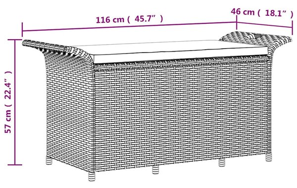 Fekete polyrattan kerti pad párnával 116 x 46 x 57 cm