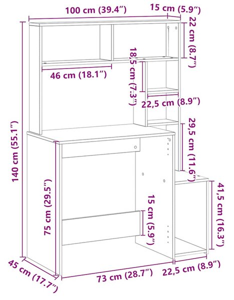 Betonszürke szerelt fa íróasztal polcokkal 100x45x140 cm