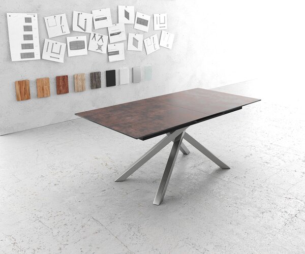DELIFE Étkezőasztal Edge 180/220x90 cm üveg vintage barna kereszt láb téglalap alakú rozsdamentes acél kihúzható