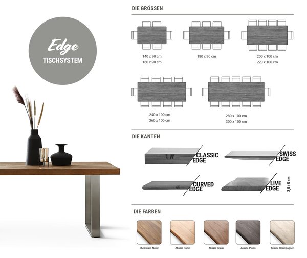 DELIFE Étkezőasztal Edge 200x100 akác természetes fém ferde svájci él