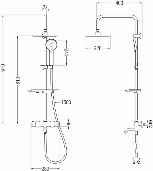 Mexen - KT40 zuhanygarnitúra termosztatikus kádcsappal Kai, króm, 779004093-00