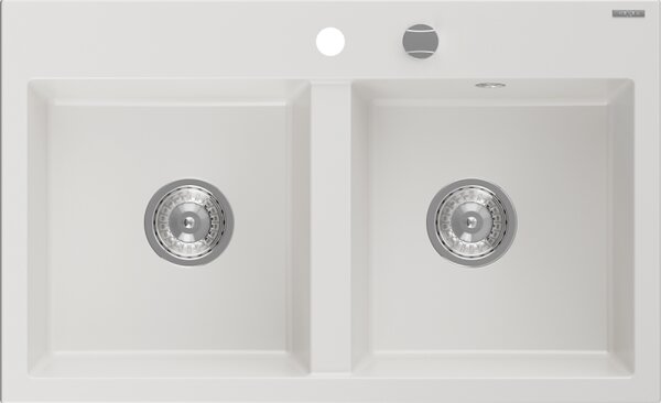 Mexen Hektor, 2 kamrás gránit mosogató 800x480x205 mm, fehér, króm szifon, 6521802000-20
