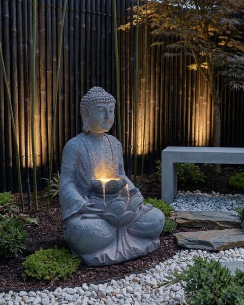 Kerti szökőkút LED URLANTE Buddha Szürke