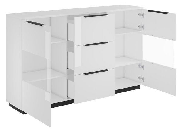 Komód Talevaro 105, Edzett üveg, Laminált forgácslap, 109x180x41cm, Fehér, Fényes fehér, Fekete