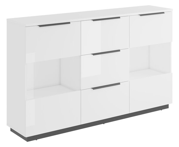 Komód Talevaro 105, Edzett üveg, Laminált forgácslap, 109x180x41cm, Fehér, Fényes fehér, Fekete