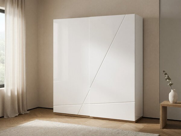 Gardróbszekrény Corfioa 111, Laminált forgácslap, Közepes sűrűségű farostlemez, 200x216x60cm, Fényes fehér, Fehér