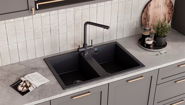 Ulgran U-608-308 Gránit Mosogatótálca - Kétmedencés, Szemcsés Fekete