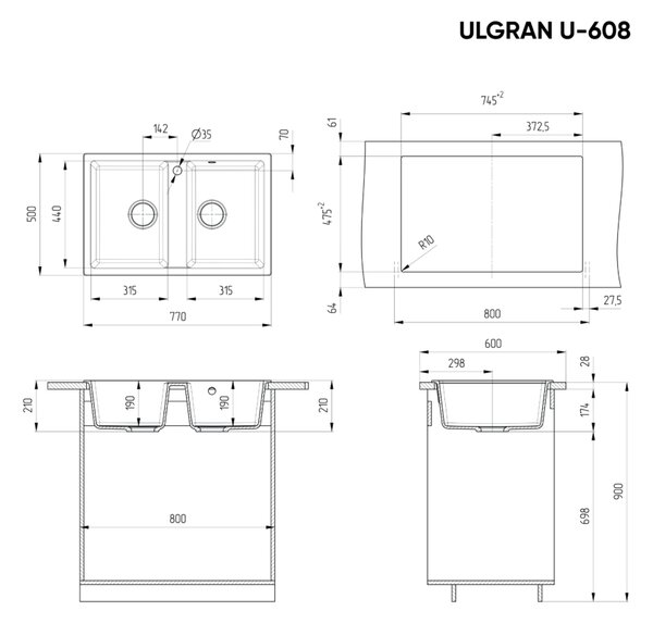 Ulgran U-608-308 Gránit Mosogatótálca - Kétmedencés, Szemcsés Fekete