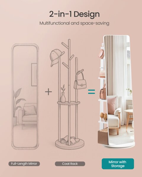 SONGMICS álló tükör 360° forgatható polcokkal és akasztókkal 163 x 45 cm felhőfehér