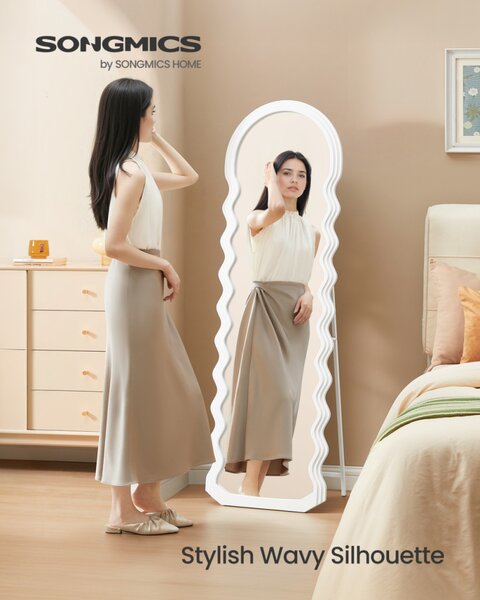 SONGMICS LFM027W01 teljes alakos álló tükör hullámvonalas MDF kerettel felhőfehér 160 x 50 cm