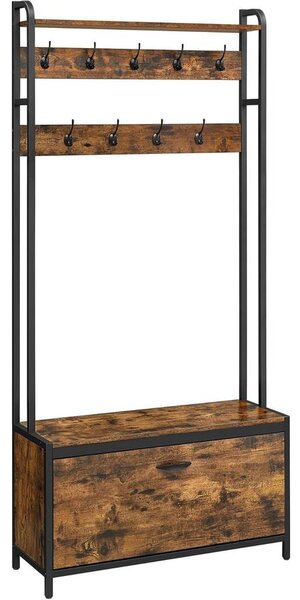 Fogas cipőtárolóval, előszobafal padokkal, 85x30x180cm, rusztikus barna és fekete