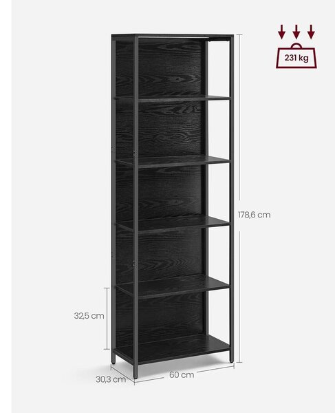 6 szintes könyvespolc, álló polcrendszer állítható LED világítással, 30,3 x 60 x 178,6 cm