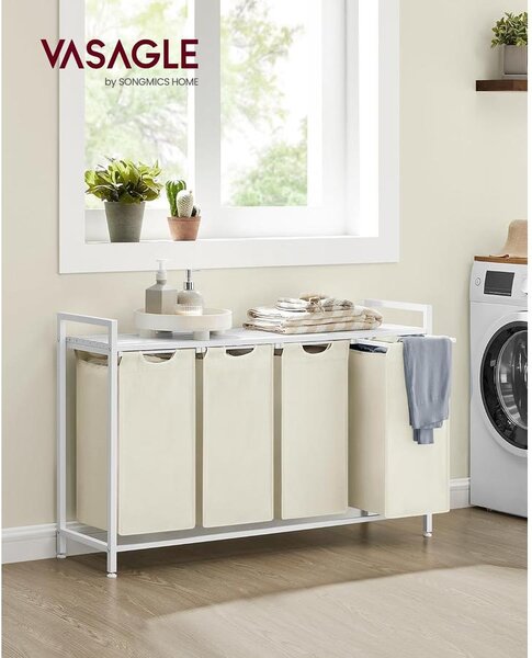VASAGLE 4 rekeszes szennyeskosár 4 × 40 L, 116 × 33 × 72 cm, krémfehér és matt fehér
