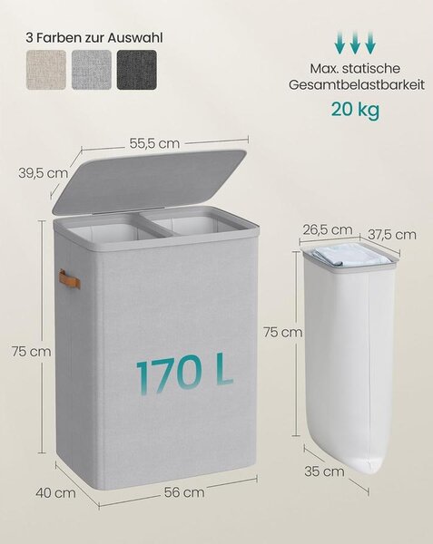 SONGMICS szennyestartó kosár 170 L, 56 × 40 × 75 cm, szürke