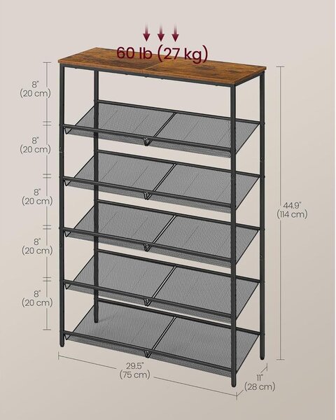 VASAGLE cipőtartó állvány, 6 szintes, 28x75x114 cm, barna-fekete