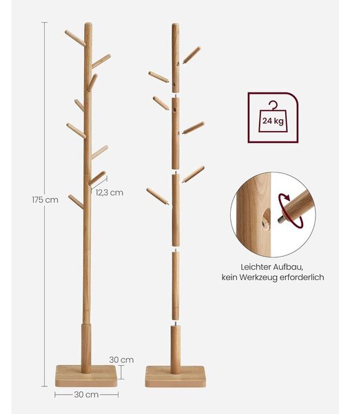 VASAGLE ruhafogas állvány, tömörfa ruhatartó 175 cm, natúr bézs
