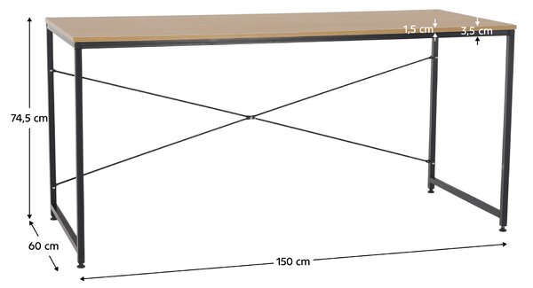 KONDELA Íróasztal tölgy/fekete, 150x60 cm, MELLORA