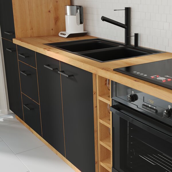 KONDELA Alsó mosogatószekrény, matt fekete/artisan tölgy, MONRO 80ZL 2F BB