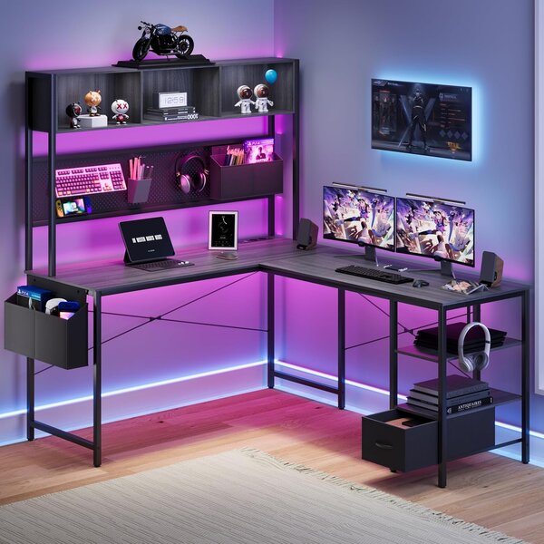 L alakú Gamer asztal, íróasztal 120*48*152cm, fekete LED világítással, hálózati elosztóval