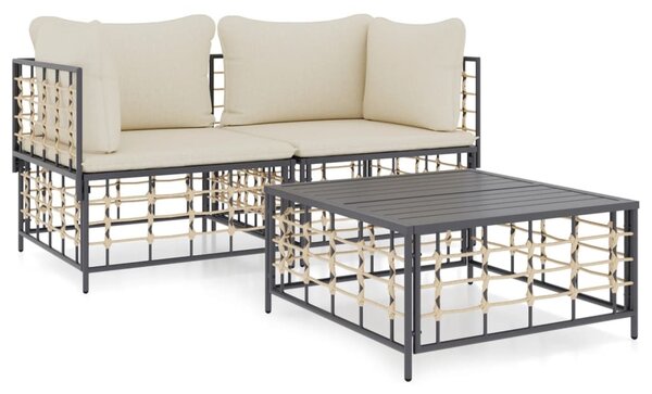 3 részes antracitszürke polyrattan kerti ülőgarnitúra párnákkal