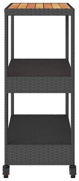 3 szintes fekete polyrattan és tömör akácfa zsúrkocsi