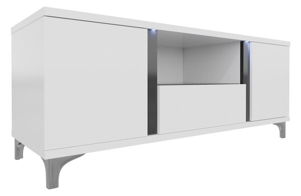 TV-állvány Florem, Laminált forgácslap, 50x150x40cm, Fényes fekete, Fényes fehér, Fehér