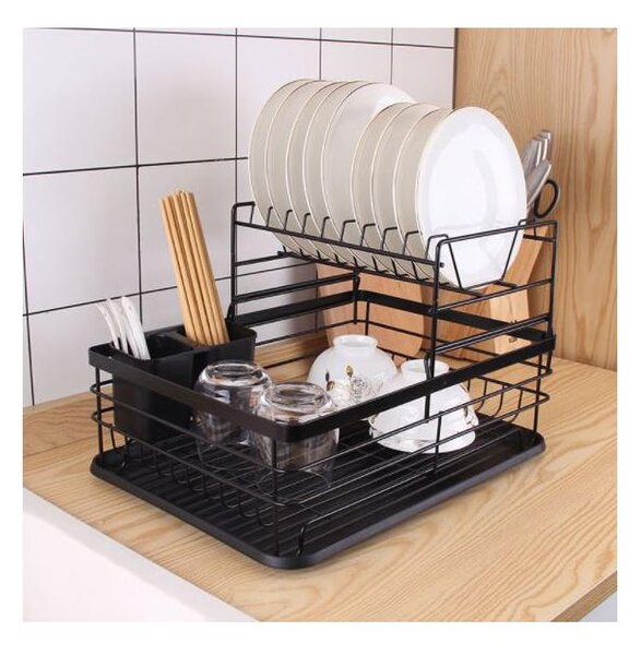Edényszárító csepegtető tálcával kétszintes fekete színben (BS037-BLACK)