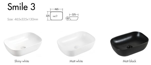 Eros SMILE 3 - PULTRA ültethető - Top Counter - porcelán mosdó - 46,5 x 32,5 x 13 cm