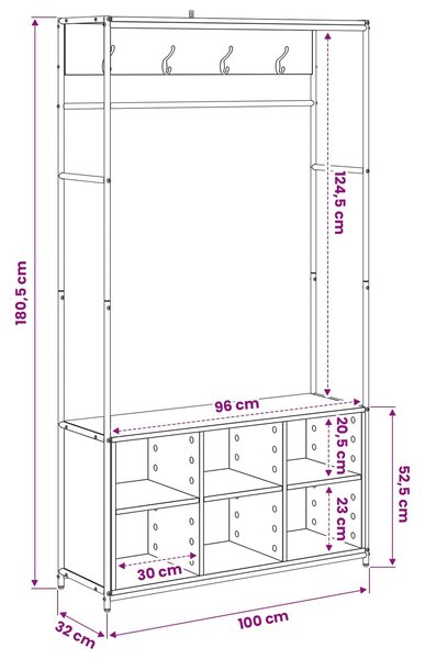 VidaXL Kabátállvány cipőpaddal Füstös Tölgy 100 x 32 x 180,5 cm