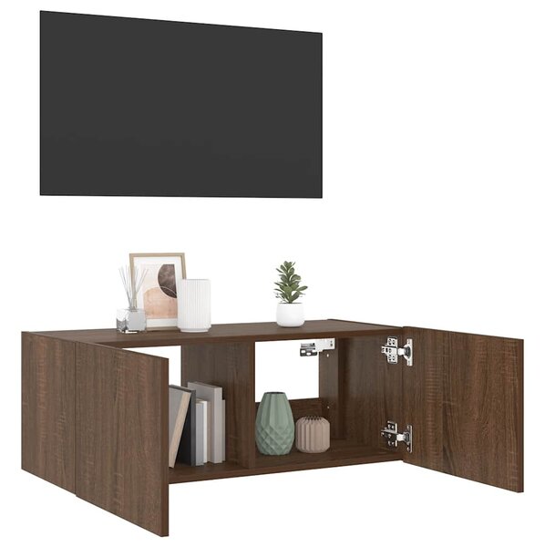 Barna tölgyszínű fali TV-szekrény LED-del 80x35x31 cm