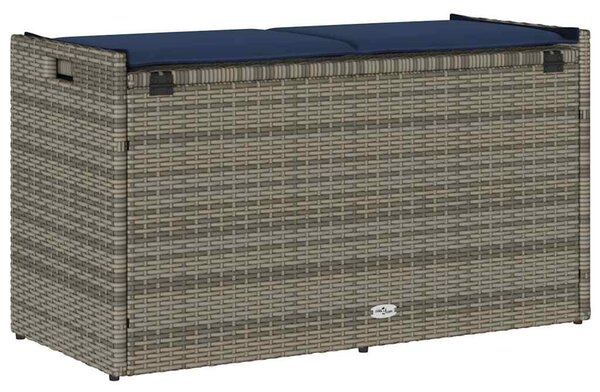 Szürke polyrattan kültéri tárolópad párnával 100 cm