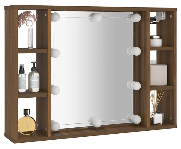 Barna tölgyszínű tükrös szekrény LED-ekkel 76 x 15 x 55 cm