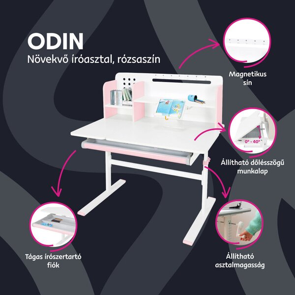Növekvő íróasztal, rózsaszín/fehér, ODIN