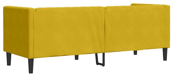 3 személyes sárga bársony Chesterfield kanapé hengerpárnákkal