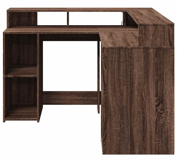 Barna tölgy színű szerelt fa íróasztal LED-ekkel 130x130x91 cm