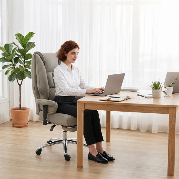 HOMCOM ergonomikus dönthető irodai szék lábtartóval, magas háttámlával, állítható magasságú, világos szürke