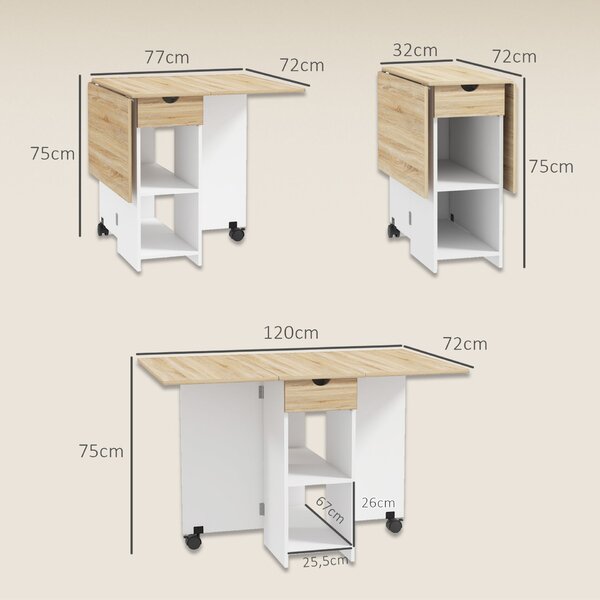 HOMCOM Összecsukható Étkezőasztal Fiókokkal és Polcokkal, Gazdaságos Asztal Bővítményekkel Konyhába, Étkezőbe, Nappaliba, Tölgyfa