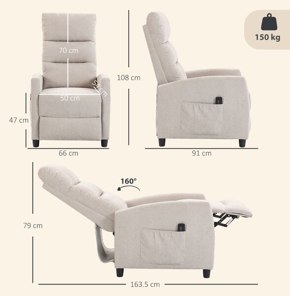 HOMCOM kézi dönthető masszázsfotel 160°, Chenille, lábtartó, távirányító, zsebek, krémszínű