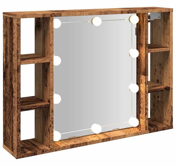 Antik fa színű szerelt fa tükrös szekrény LED-ekkel 76x15x55 cm