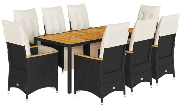 9 részes fekete polyrattan kerti bisztrógarnitúra párnákkal