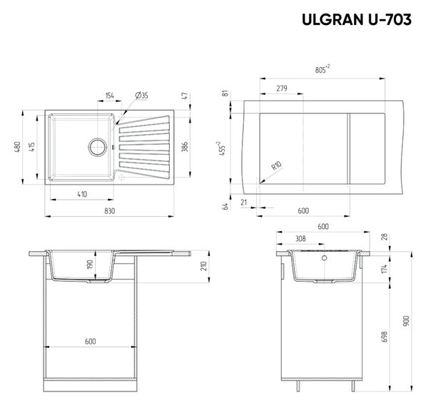 Ulgran U-703-343 Gránit Mosogatótálca - Csepegtetőtálcás, Antracit