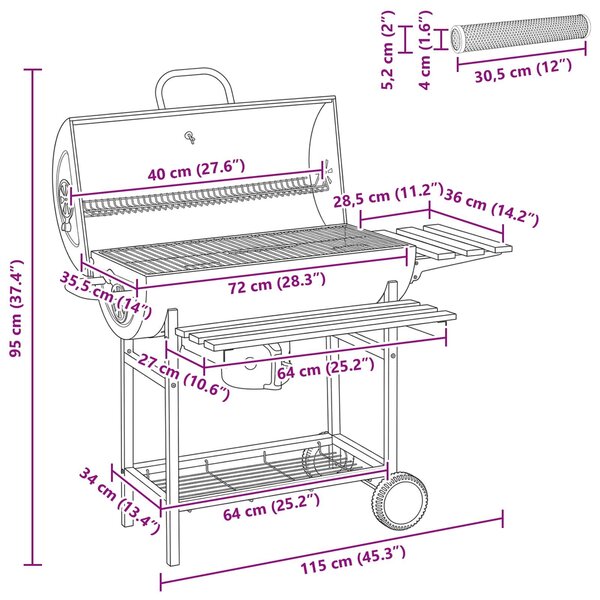 VidaXL Hordó típusú grill kerekekkel és polcokkal, 3 db, 115 x 85 x 95 cm